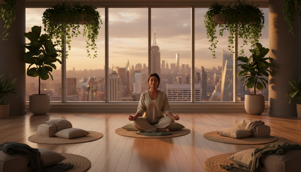 A woman sits in a cross-legged meditation pose on a woven mat in a spacious, plant-filled studio with floor-to-ceiling windows showcasing the New York City skyline at sunset.