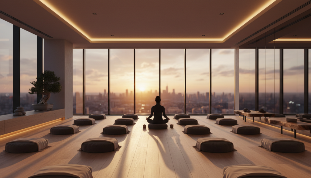 A person sits in a meditative lotus pose facing floor-to-ceiling windows overlooking a city skyline at sunset. Rows of meditation cushions are neatly arranged on a light-colored wooden floor in a serene, modern studio.