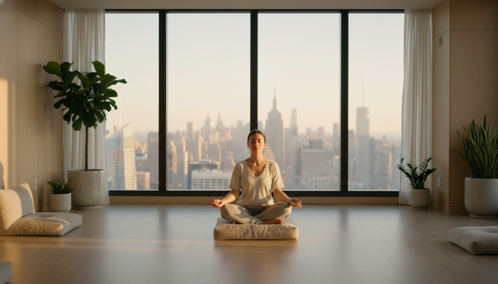 A woman sits cross-legged in a meditation pose on a floor cushion in a minimalist room. Behind her, large floor-to-ceiling windows reveal a hazy New York City skyline at sunset, including the Empire State Building. Potted plants and soft light create a serene atmosphere.