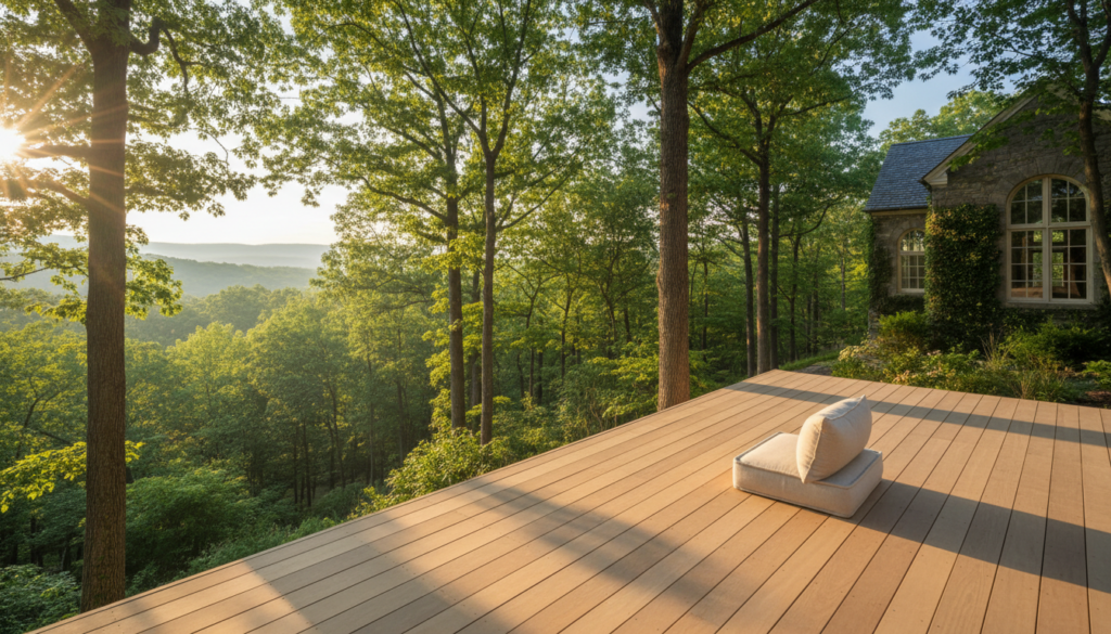 A spacious wooden deck with a single cream-colored floor cushion, overlooking a dense green forest during golden hour with the sun peeking through the trees. A stone building with large windows is visible to the right.