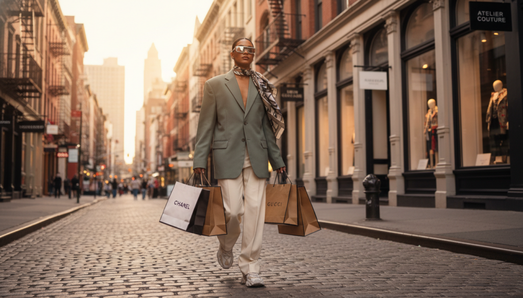 A person in a fashionable oversized sage green blazer, cream trousers, and sunglasses walks down a cobblestone city street at sunset, carrying high-end designer shopping bags from Chanel and Gucci.