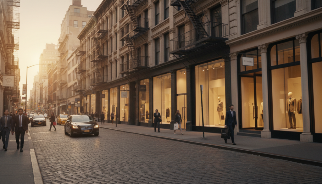 A busy city street with cobblestone pavement at sunset, featuring tall historic buildings with large glass storefronts and people walking on the sidewalk.