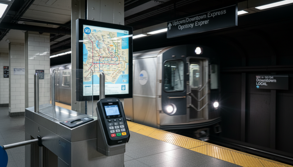 A subway station platform featuring a modern fare gate with a digital payment reader in the foreground. Behind it is a digital kiosk displaying a transit map, while a motion-blurred subway train enters the station under signs for Uptown and Downtown Express lines.