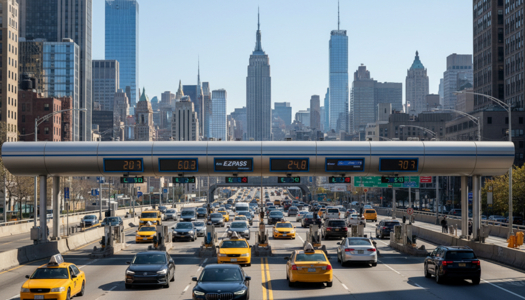 A wide-angle shot of a busy highway filled with yellow taxis and cars approaching an overhead electronic toll gantry. The dense Midtown Manhattan skyline, featuring the Empire State Building prominently in the center, rises in the background under a clear blue sky.