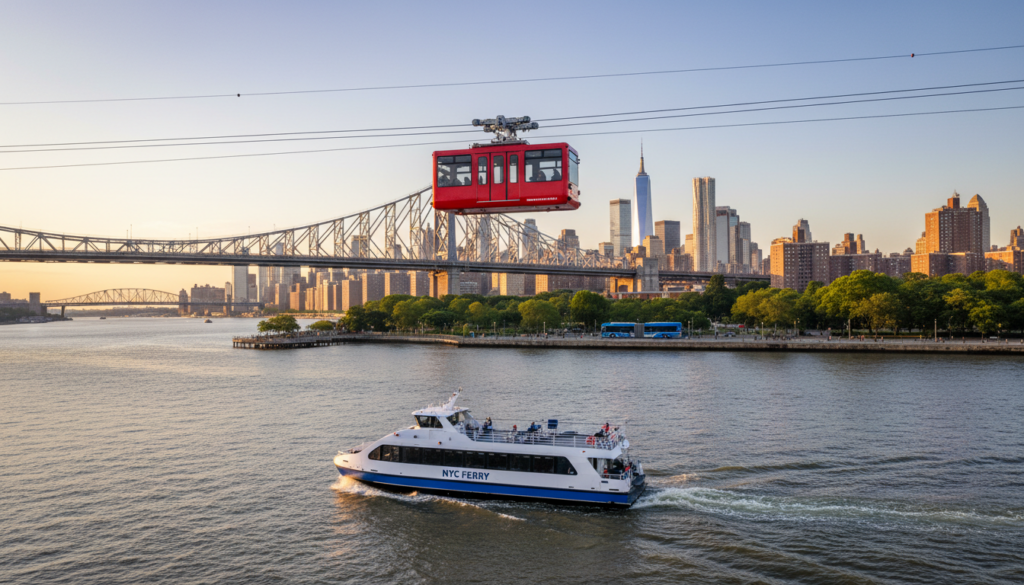 An NYC Ferry travels across the water under the red Roosevelt Island Tramway cable car and the Queensboro Bridge at sunset, with the Manhattan skyline in the background.
