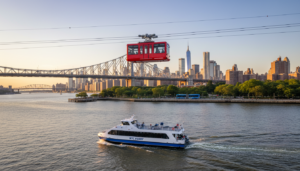 An NYC Ferry travels across the water under the red Roosevelt Island Tramway cable car and the Queensboro Bridge at sunset, with the Manhattan skyline in the background.