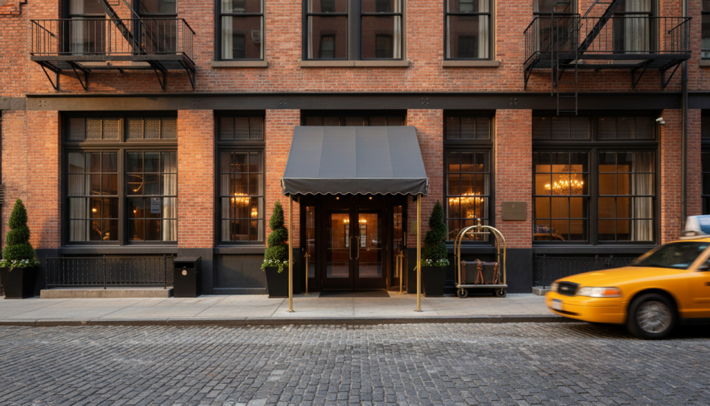 Classic NYC Brick Building Entrance on Cobblestone Street - HelpNewYork.com The exterior entrance of a classic red brick building in New York City featuring a dark grey awning over glass doors, a luggage cart on the sidewalk, and a yellow taxi driving by on a cobblestone street.