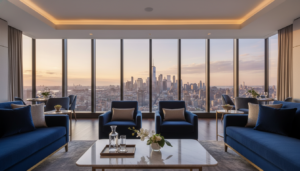 A luxurious modern lounge with navy blue velvet sofas and armchairs overlooking the New York City skyline at sunset through floor-to-ceiling windows.