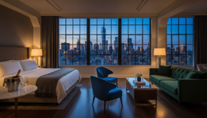 A luxurious hotel suite interior at night featuring a plush king-sized bed, a green velvet sofa, and two blue armchairs. Large grid-paneled windows frame a spectacular view of the illuminated New York City skyline, including One World Trade Center.