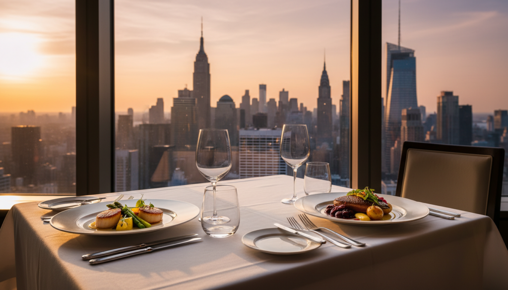 Fine Dining with a View of the New York City Skyline at Sunset - HelpNewYork.com A gourmet dinner for two at a window-side table overlooking the New York City skyline at sunset, featuring the Empire State Building.