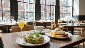 A wooden restaurant table with avocado toast topped with poached eggs, a stack of pancakes with berries, a latte, and a mimosa. Large windows in the background look out over a city street.