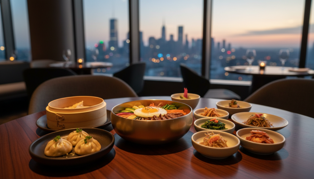 Upscale Korean Dining with a Sunset City View - HelpNewYork.com An array of Korean cuisine including a large bowl of bibimbap, steamed dumplings, and various banchan side dishes displayed on a table in a luxury restaurant with a sunset city skyline view.