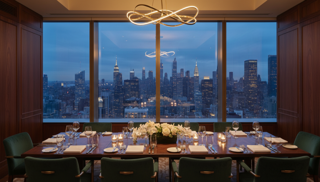 Luxury Private Dining Room with New York City Skyline View - HelpNewYork.com An elegant private dining room featuring a long wooden table set with fine china and glassware, surrounded by green velvet chairs, with floor-to-ceiling windows overlooking the glowing New York City skyline at night.