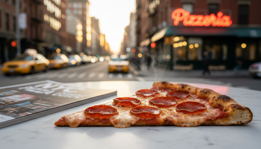New York Style Pepperoni Pizza Slice in NYC - HelpNewYork.com A steaming slice of pepperoni pizza rests on a white marble table next to an NYC Pizza Guide book, with a blurred New York City street scene and a neon Pizzeria sign in the background at sunset.