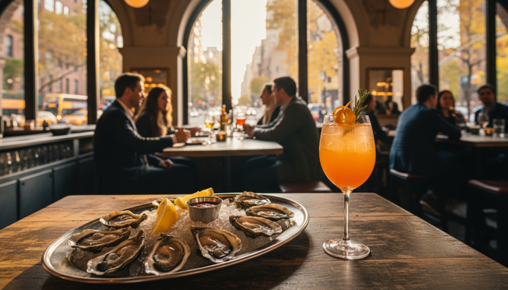Fresh Oysters and Citrus Cocktail with a City View - HelpNewYork.com A metal platter of fresh oysters on ice with lemon wedges and a small dipping sauce, next to a bright orange spritz cocktail garnished with an orange twist and rosemary, on a rustic wooden table inside a restaurant with large arched windows looking out onto a busy city street with yellow taxis.