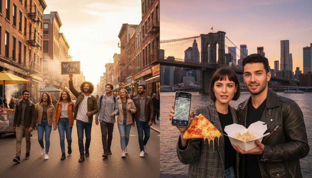 NYC Food Tour Adventures: From Street Walks to Iconic Skyline Eats - HelpNewYork.com A split-screen image showcasing an NYC food tour. The left panel shows a diverse group of young adults walking down a sunlit city street with brick buildings, with one person holding up a sign that reads 'NYC FOOD TOUR'. The right panel features a couple standing by the water with the Brooklyn Bridge and Manhattan skyline at sunset in the background; they are holding a slice of pizza, a phone displaying a map, and a container of dumplings.