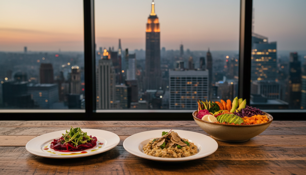 Fine Dining with a New York City Skyline View at Sunset - HelpNewYork.com Three gourmet dishes—a beet salad, a truffle-topped risotto, and a colorful vegetable bowl—rest on a rustic wooden table in front of a large window overlooking the New York City skyline and the Empire State Building at sunset.