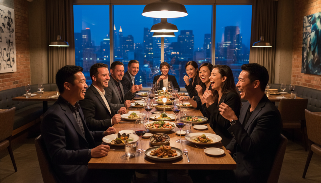 Professionals Dining with a City Skyline View - HelpNewYork.com A diverse group of men and women in professional attire laughing and sharing a meal at a long wooden table in a restaurant with large windows overlooking a city skyline at night.