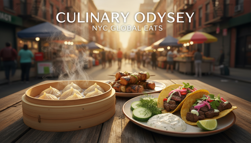 Culinary Odyssey: Discovering NYC Global Eats Street Food - HelpNewYork.com A variety of global street foods including steaming soup dumplings in a bamboo basket, beef tacos with fresh garnishes, and grilled meat skewers are displayed on a wooden table. In the blurred background, people walk through a busy NYC street market at sunset. Text overlay reads 'CULINARY ODYSSEY NYC GLOBAL EATS'.