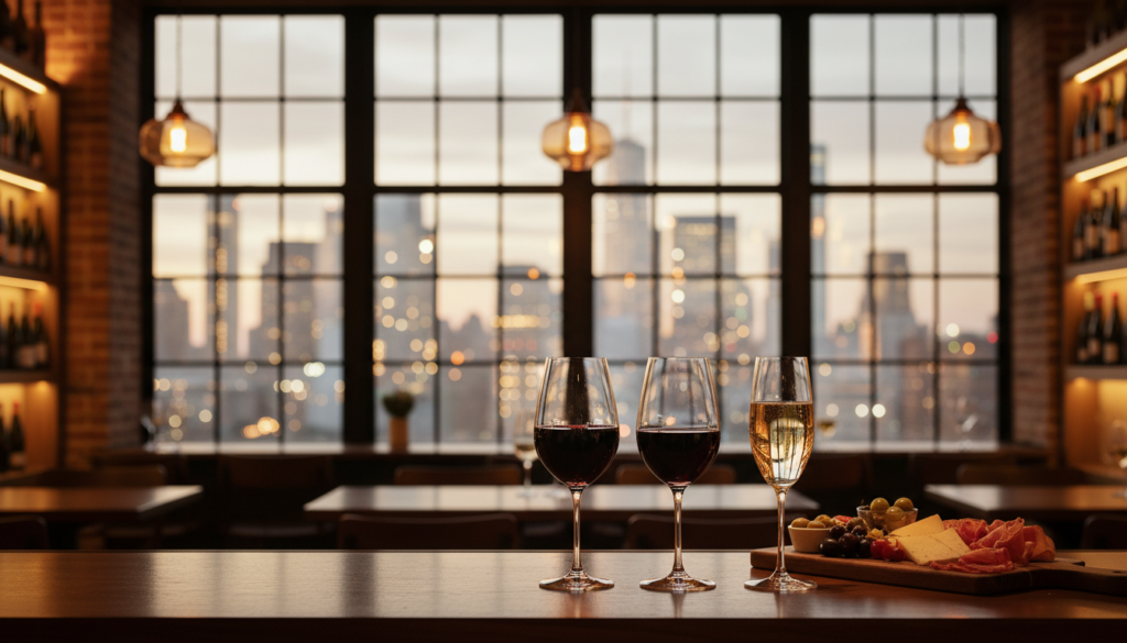 Elegant Wine Bar Experience with City View - HelpNewYork.com Three wine glasses, two with red wine and one with white wine, standing on a wooden bar counter alongside a charcuterie board with cheese, meats, and olives. A large window in the background overlooks a blurred city skyline at dusk.