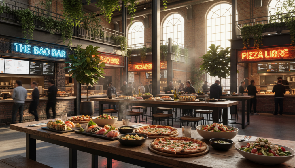 Bustling Modern Food Hall with Diverse Culinary Options - HelpNewYork.com A bustling modern food hall with high ceilings, large arched windows, and industrial-style architecture. In the foreground, wooden tables are laden with platters of sushi, pizzas, and salads. In the background, customers queue at various food stalls, including 'The Bao Bar' and 'Pizza Libre', illuminated by neon signs and surrounded by hanging green plants.
