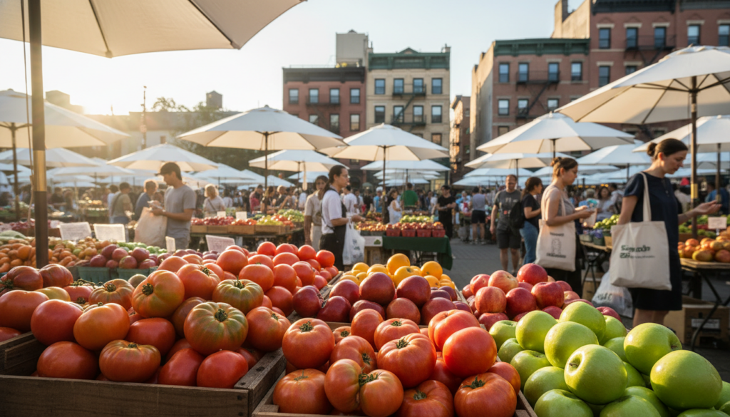 Fresh Produce at a Bustling Urban Farmers Market - HelpNewYork.com A close-up view of crates overflowing with fresh red tomatoes and green apples at a bustling outdoor farmers market, with shoppers and white umbrellas under a clear sky in front of city brick buildings.