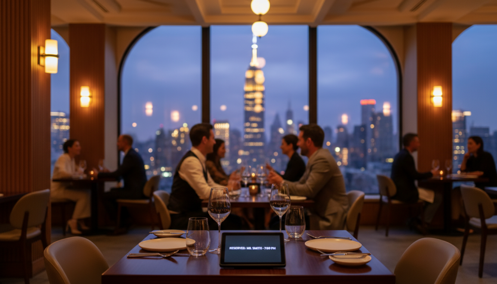 Fine Dining with an Empire State Building View - HelpNewYork.com A luxurious restaurant interior at night featuring a large arched window with a stunning view of the New York City skyline and the Empire State Building. In the foreground, a table is set for two with a digital reservation screen reading 'RESERVED: MR. SMITH - 7:00 PM'.