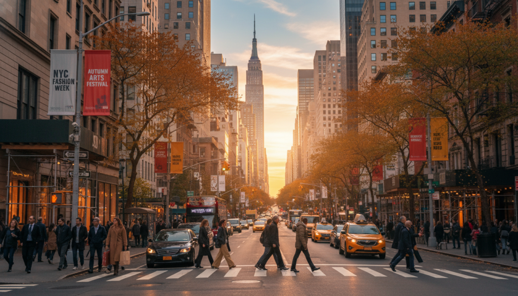 Autumn Sunset over a Busy New York City Street - HelpNewYork.com A busy street in New York City during an autumn sunset, showing pedestrians crossing at a crosswalk, yellow taxis, and the Empire State Building centered in the background under a golden sky.