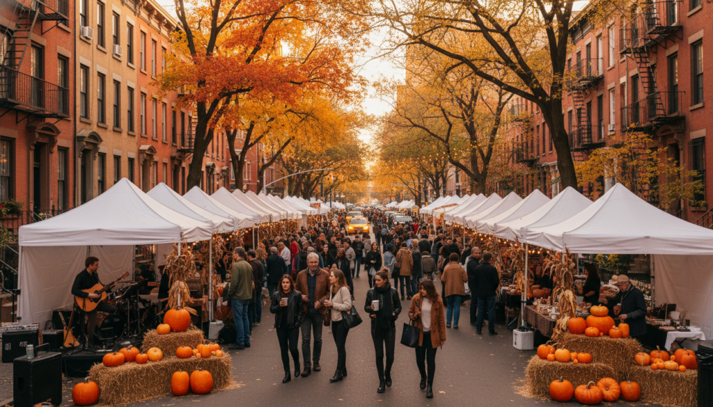 Autumn Street Fair in a Brownstone Neighborhood - HelpNewYork.com A bustling autumn street festival on a tree-lined city street with historic brownstones. White vendor tents line both sides of the road, and crowds of people walk past displays of pumpkins and hay bales under vibrant orange and yellow fall foliage.