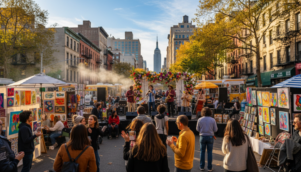 New York City Street Fair and Live Music - HelpNewYork.com A vibrant street festival in New York City featuring a live jazz band performing on a stage adorned with colorful flowers. Crowds gather to enjoy the music, surrounded by art stalls showcasing diverse paintings. The iconic Empire State Building rises in the distance, framed by golden autumn leaves and city buildings.