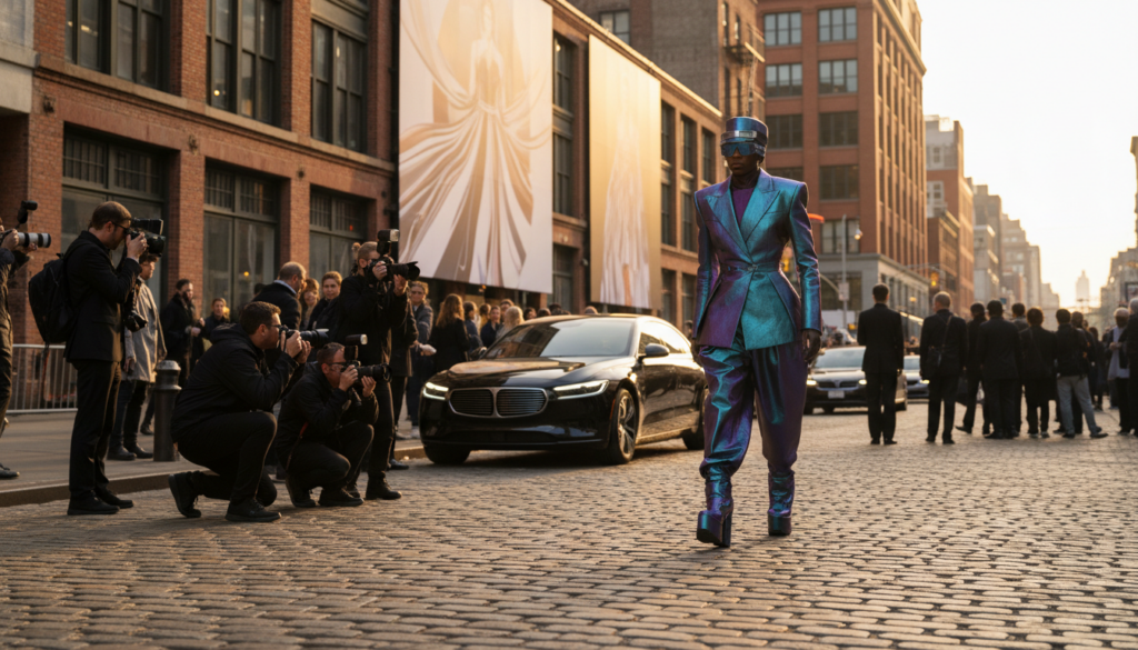 Futuristic Street Style Fashion with Iridescent Suit - HelpNewYork.com A person in a metallic iridescent teal and purple suit walks down a cobblestone street while photographers take pictures.