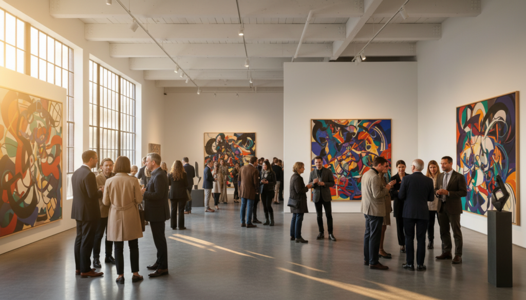 Modern Art Gallery Exhibition and Social Opening Event - HelpNewYork.com A bustling art gallery opening where groups of well-dressed people socialize amidst large, vibrant abstract paintings under warm natural light in a spacious modern gallery.