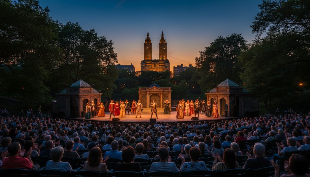 Shakespeare in the Park Performance in Central Park, New York City - HelpNewYork.com A wide-angle shot of a live theater performance at dusk in New York City's Central Park. A cast of actors in Renaissance-style costumes is on stage, while a large audience sits in an outdoor amphitheater. The twin towers of The San Remo building are silhouetted against a golden sunset sky in the background.