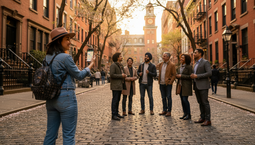 Friends on Historic Cobblestone Street - HelpNewYork.com A woman in a denim outfit and brown hat takes a photo with her phone of a diverse group of six friends on a historic cobblestone street lined with red brick buildings.