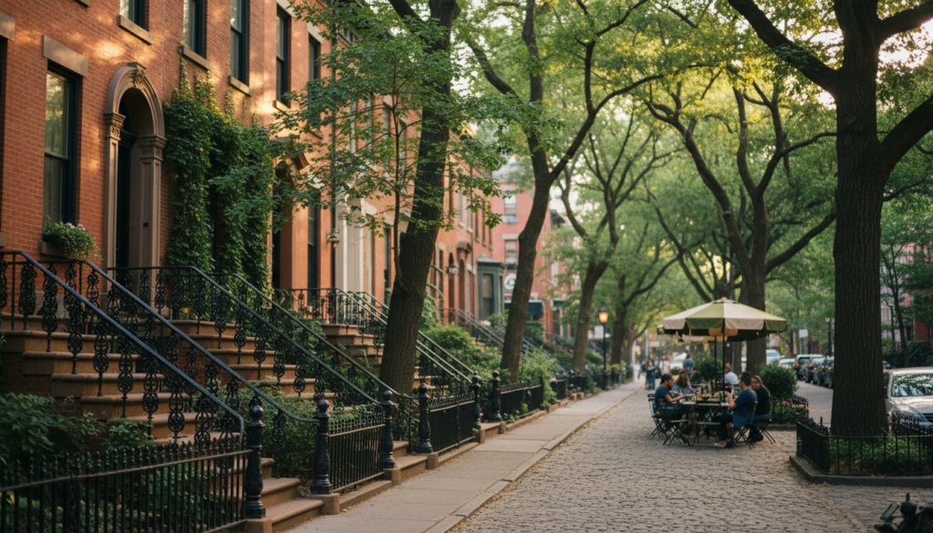 A row of historic red brick brownstones with ornate black iron railings along a tree-lined cobblestone street where people dine at an outdoor café.