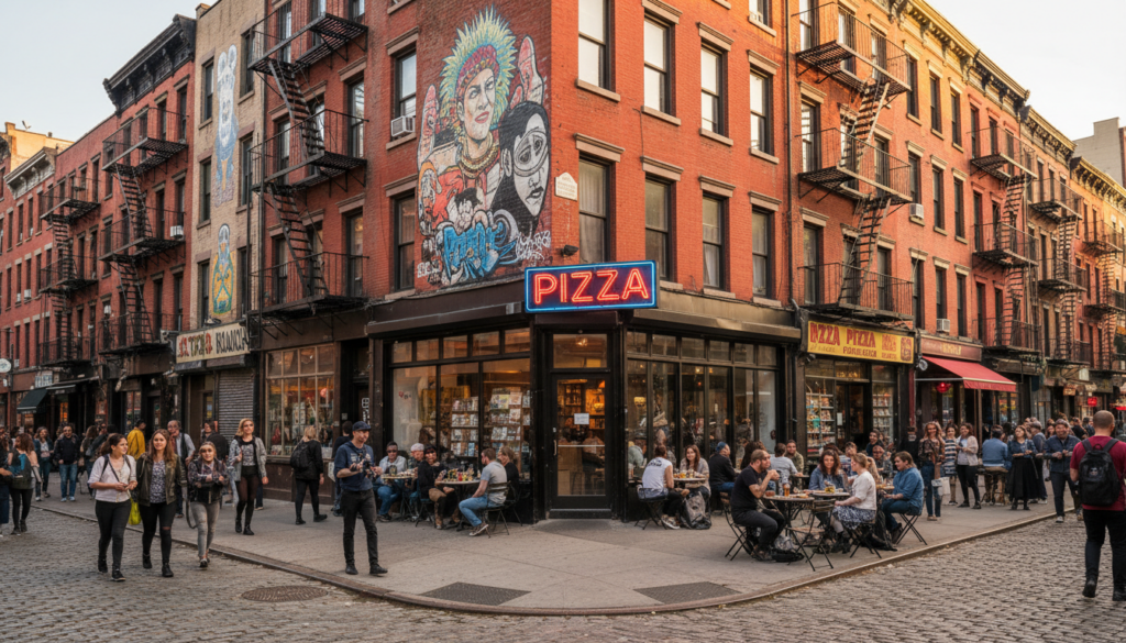 New York City Street Corner Pizza Shop - HelpNewYork.com A bustling city street corner with a red brick building featuring a large, colorful mural and a bright neon "PIZZA" sign. People are walking on cobblestone streets and dining at outdoor tables in front of a storefront with large glass windows.