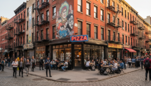 A bustling city street corner with a red brick building featuring a large, colorful mural and a bright neon "PIZZA" sign. People are walking on cobblestone streets and dining at outdoor tables in front of a storefront with large glass windows.