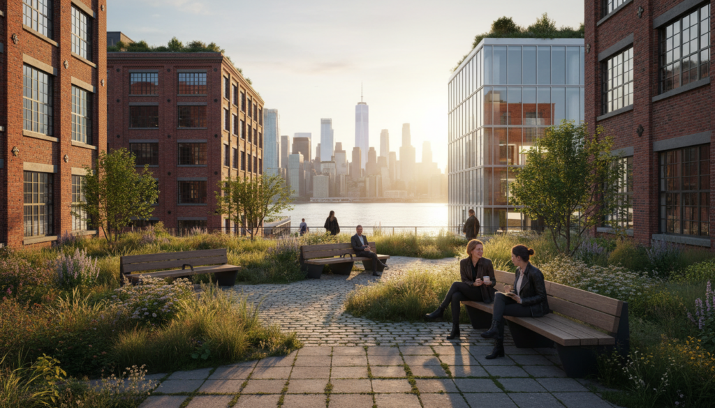A rooftop park with lush greenery and wooden benches. People are sitting and relaxing while overlooking the New York City skyline and a river during sunset.