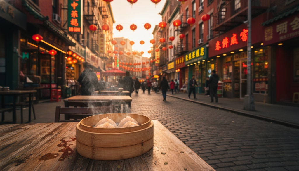 A close-up shot of a steaming bamboo steamer basket with three dumplings on a wooden table, set against a vibrant, busy Chinatown street at sunset with red lanterns and glowing shop signs.