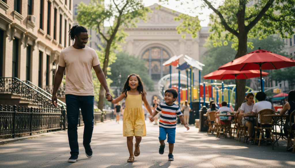 A smiling man with dreadlocks walks hand-in-hand with a young girl in a yellow dress and a boy in a striped shirt down a sunny city sidewalk past an outdoor cafe and brownstone buildings.