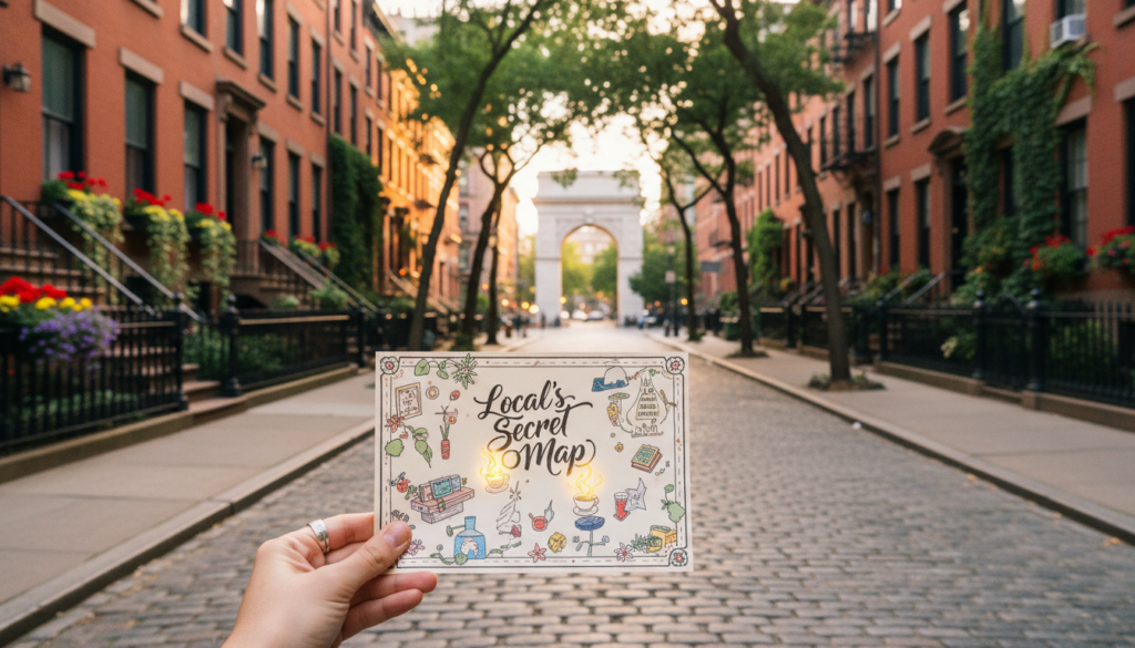 A person's hand holds up a postcard titled 'Local's Secret Map' with colorful illustrations, set against a blurred background of a cobblestone street lined with red brick townhouses leading to the Washington Square Arch in New York City.