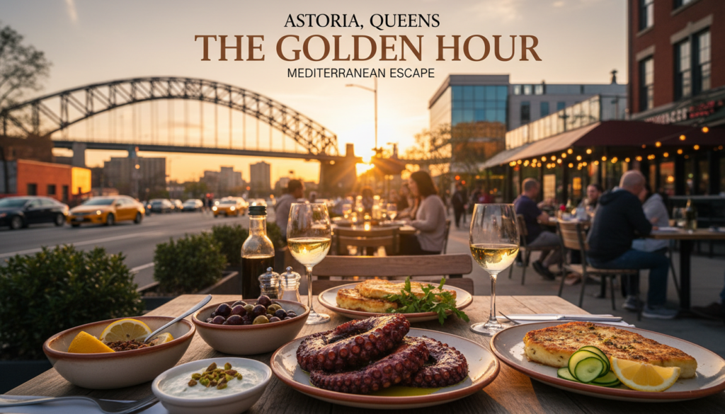 A variety of Mediterranean dishes, including grilled octopus, olives, and white wine, are served on a wooden table at an outdoor restaurant in Astoria, Queens, during sunset with the Hell Gate Bridge in the background.