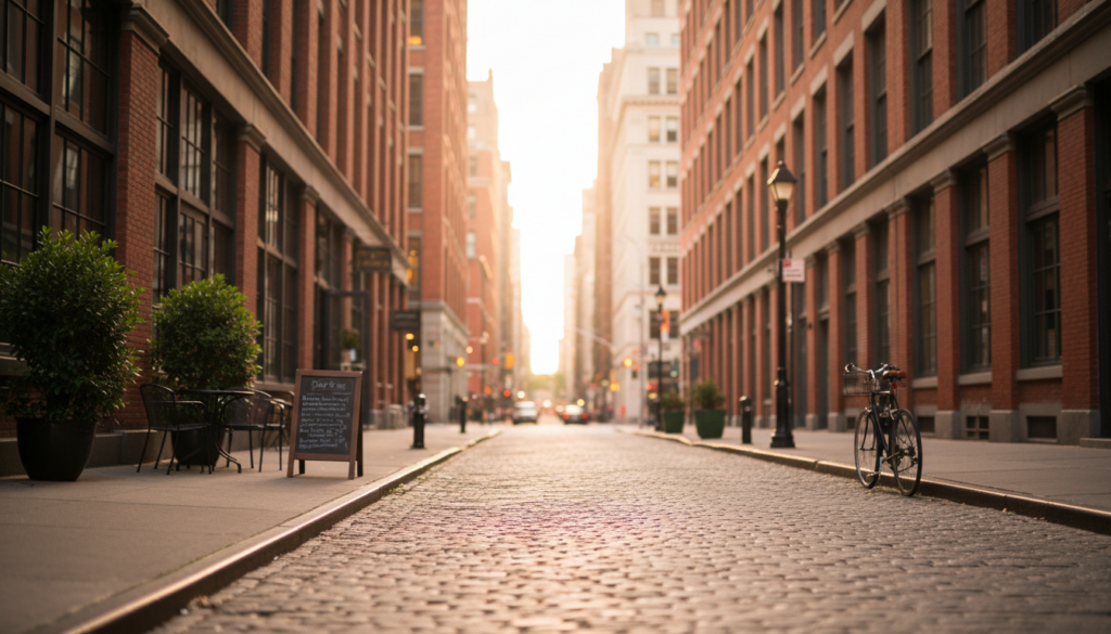 A low-angle perspective of a cobblestone city street flanked by tall red brick buildings during sunset. A bicycle is parked on the right sidewalk, while a sidewalk cafe with a menu board and potted bushes sits on the left.