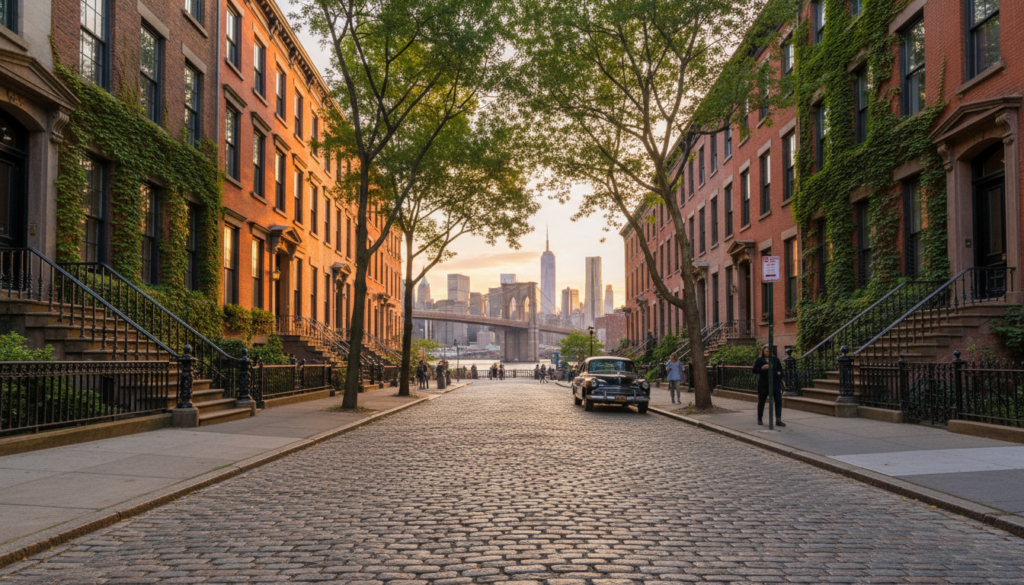 Sunset View of the Manhattan Skyline from Washington Street in DUMBO - HelpNewYork.com A wide-angle view of Washington Street in DUMBO, Brooklyn, featuring a cobblestone road lined with red brick brownstones and ivy-covered buildings. In the background, the Brooklyn Bridge and the Manhattan skyline, including One World Trade Center, are framed between the buildings during a golden hour sunset. A vintage black car is parked on the right side of the street.