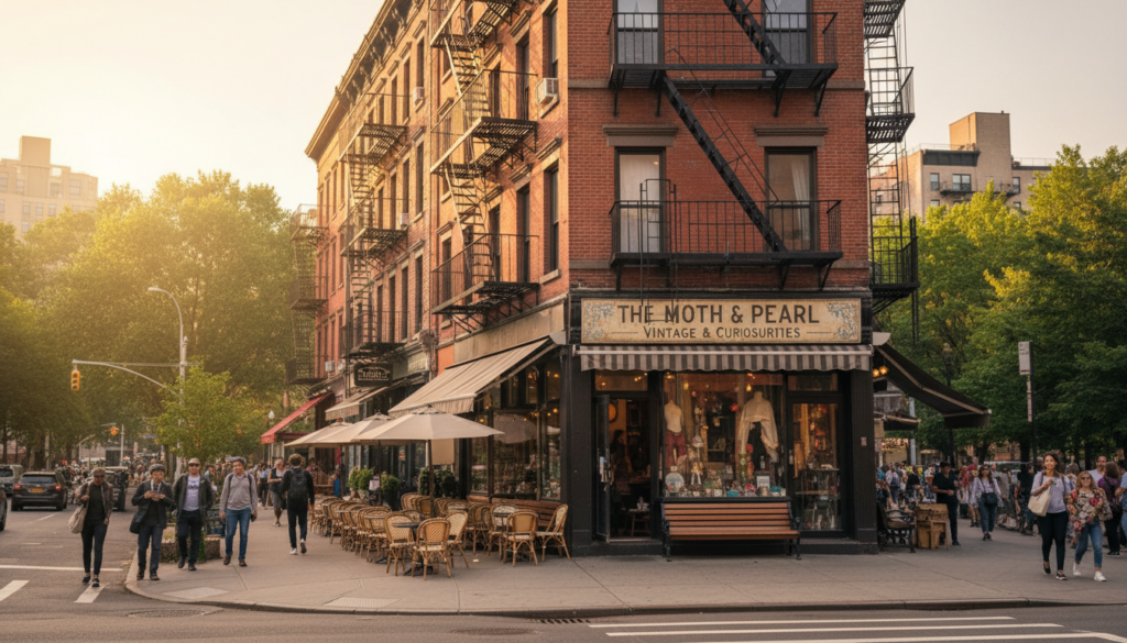 The Moth & Pearl Vintage Shop on a Sunny City Corner - HelpNewYork.com A vintage shop named 'The Moth & Pearl Vintage & Curiosities' located on a sunny street corner of a red brick building with black fire escapes. Pedestrians walk along the sidewalk past an outdoor cafe with tables and umbrellas.