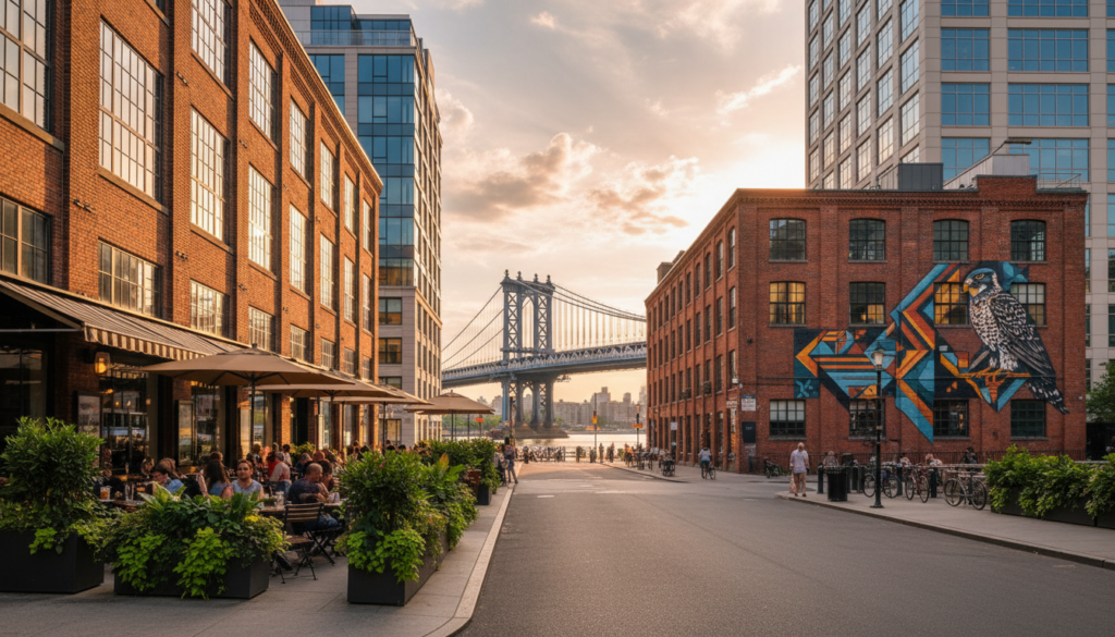 Manhattan Bridge View from DUMBO Brooklyn at Sunset - HelpNewYork.com A street view in DUMBO, Brooklyn, showing people dining at outdoor tables lined with plants. The Manhattan Bridge is framed by red brick buildings in the background under a warm sunset sky. A building on the right features a large, colorful geometric mural of a falcon.