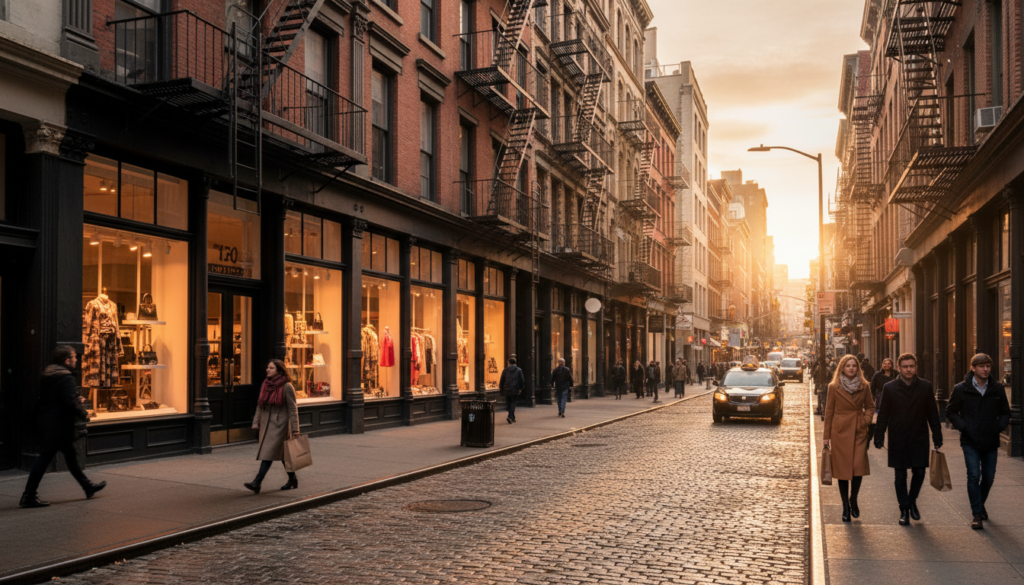 Urban Golden Hour on a Cobblestone City Street - HelpNewYork.com A vibrant urban street scene during golden hour with pedestrians walking on sidewalks beside fashionable storefronts. Historic red brick buildings with prominent black fire escapes line the cobblestone road as a car approaches under the warm glow of the setting sun.