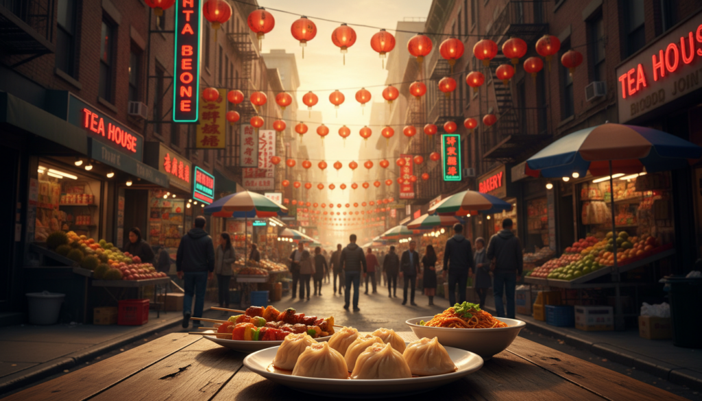 Chinatown Street Food and Vibrant Lantern Scene - HelpNewYork.com A wooden table in the foreground holds plates of soup dumplings, skewers, and noodles, with a bustling Chinatown street decorated with strings of red lanterns in the background.