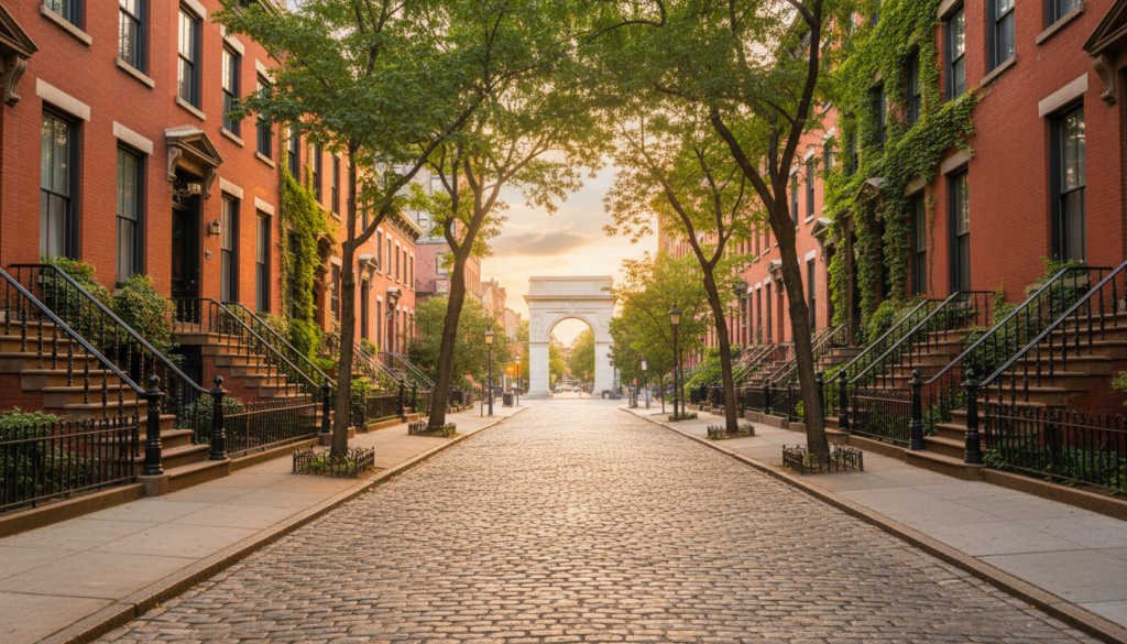 Sunset View of Washington Square Arch from a Greenwich Village Street - HelpNewYork.com A cobblestone street in New York City's Greenwich Village, lined with historic red-brick brownstones and leafy trees, leading toward the Washington Square Arch during a golden sunset.