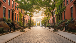 A cobblestone street in New York City's Greenwich Village, lined with historic red-brick brownstones and leafy trees, leading toward the Washington Square Arch during a golden sunset.